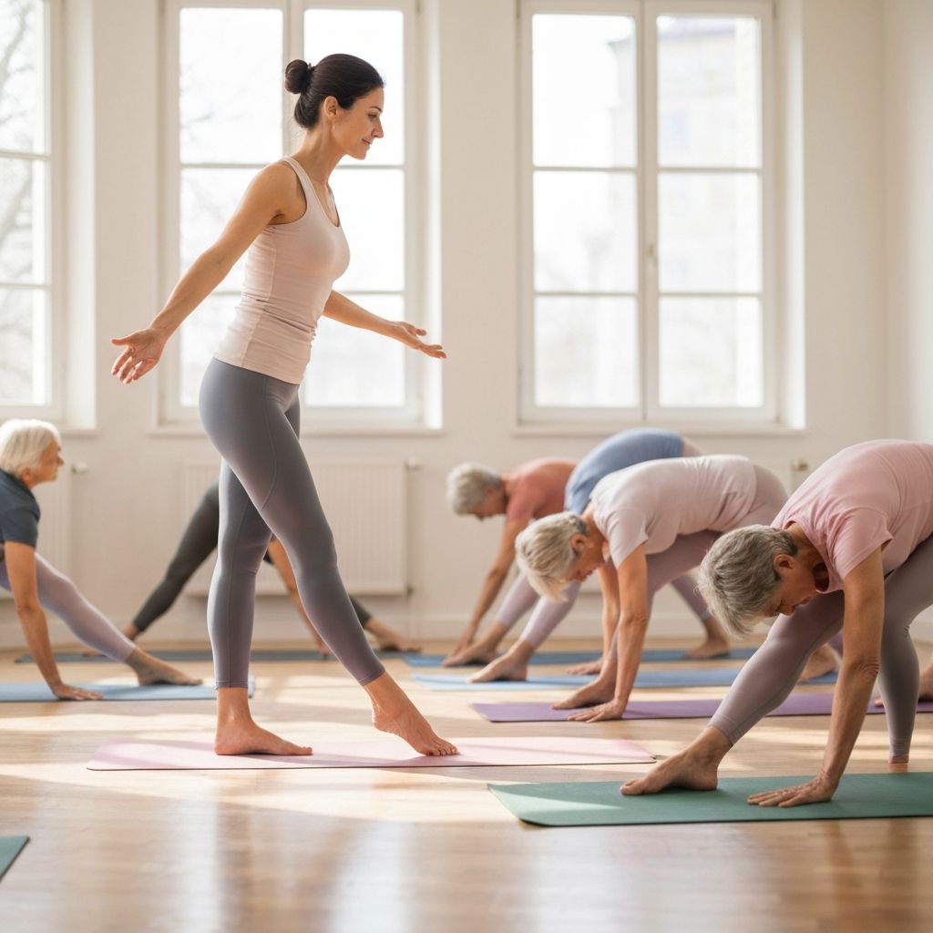 Yoga instructor guiding students through gentle stretches