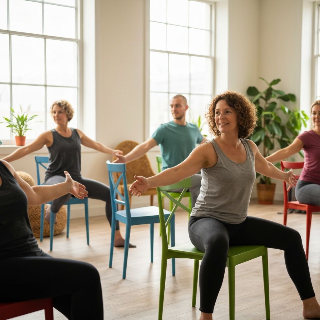 Chair yoga session with participants using chairs for support